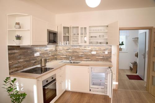 米库洛夫Mikulov Apartments - Apartmán Radka的厨房配有白色橱柜和水槽