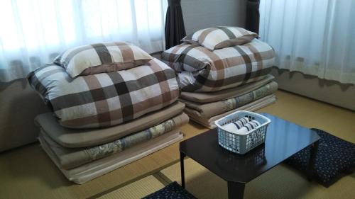 大分ゲストハウス小富士的客厅配有2把椅子、枕头和桌子