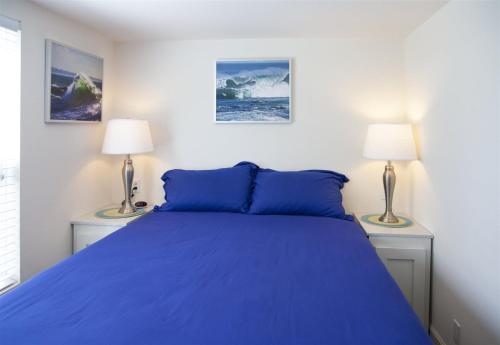 布拉格堡H - Cochito的一间卧室配有一张带蓝色床单的床和两盏灯。