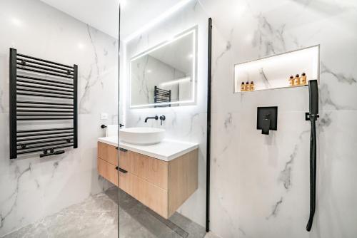 博索莱伊Baie de Monaco, Vue Mer, Terrasse, Parking Gratuit - AF的白色的浴室设有水槽和镜子