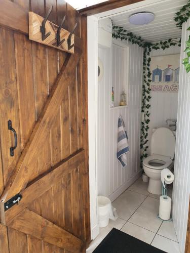 盆克勒伍德Gower Pods的浴室设有滑动谷仓门和卫生间。