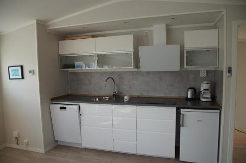 StraumsjøenFrugga Feriehus og leilighet的厨房配有白色橱柜和水槽