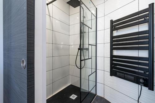 第戎Dijon centre historique, superbe studio à 2 pas des trams的浴室里设有玻璃门淋浴
