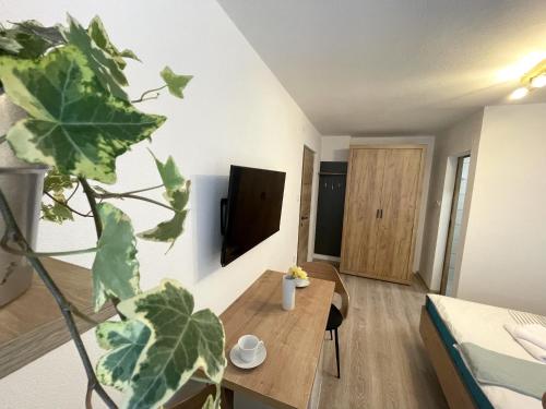 采尔克诺Apartments and rooms pri Bašlju的一个小客厅,配有一张床和一张桌子