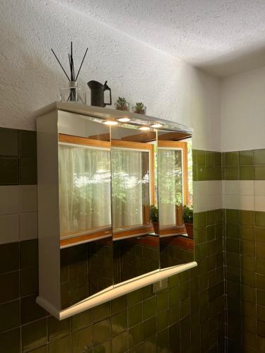 库马约尔Chalet Blanc "Le Flocon"的浴室设有窗户,铺着绿色瓷砖