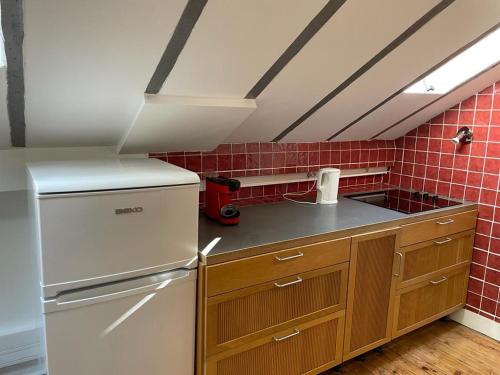 波城Chez Fabien的厨房配有白色冰箱和红色瓷砖