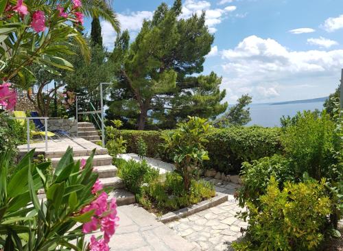 布雷拉Villa Skalinada with sea view的一座带楼梯和鲜花的花园,以及大海