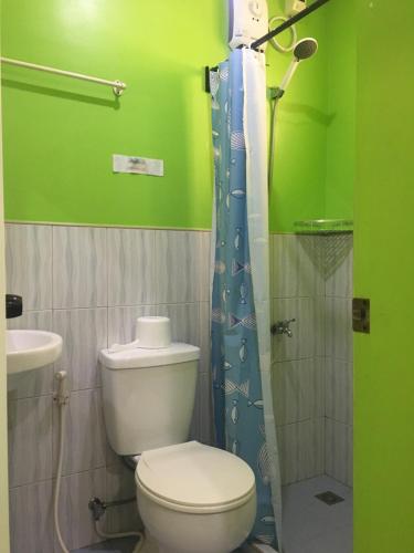 长滩岛Twin AP Homes的绿色浴室设有卫生间和淋浴。
