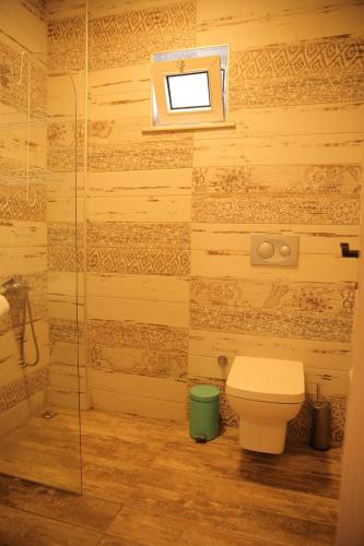 达利安Villa Verdi的一间带卫生间和玻璃淋浴间的浴室