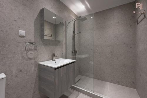 塞萨洛尼基Bourn, Nilie Hospitality MGMT的一间带水槽和淋浴的浴室