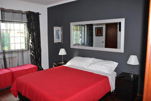 沙尔内卡Hostel Casa Lucas的一间卧室配有红色的床和镜子