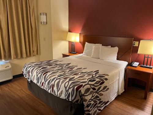 休斯顿GreenTree Inn - IAH Airpot JFK Blvd的酒店客房,配有一张床和两盏灯