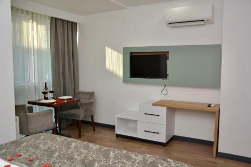 伊兹密尔My Sun Hotel的酒店客房配有一张床、一张书桌和一台电视。