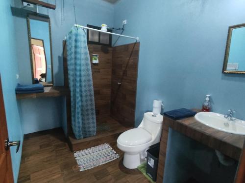 PoásEl Buda的浴室配有卫生间、淋浴和盥洗盆。