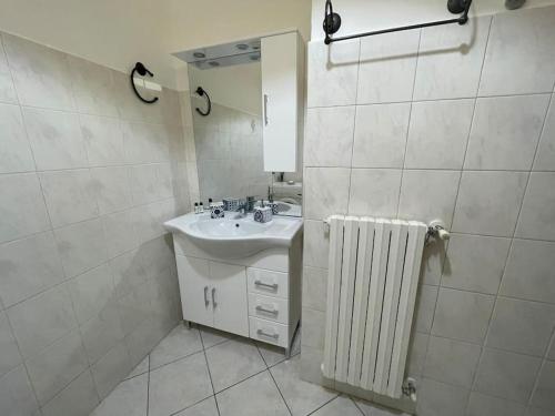 帕代诺杜尼亚诺Appartamento “Liberty”的一间带水槽、镜子和散热器的浴室