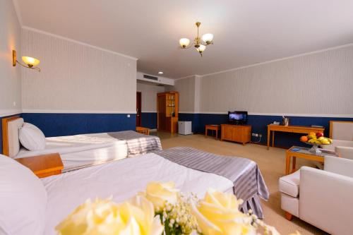 阿斯塔纳O Azamat的酒店客房设有两张床和电视。