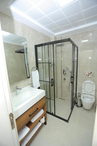 伊斯坦布尔HaciBayramHotel的一间带水槽、淋浴和卫生间的浴室