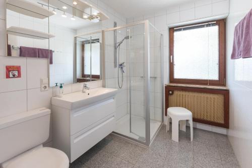 乌尔丁根-米赫尔霍芬Ferienwohnungen Riviere的白色的浴室设有水槽和淋浴。