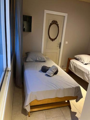 蒙彼利埃Cottage Chaleureux tout équipé climatisé à Jacou的一间卧室配有一张带两个枕头的床