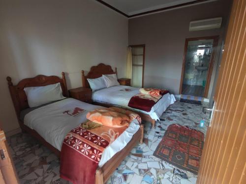 塔利温Auberge Restaurant Targa Taliouine的酒店客房,设有两张床和镜子