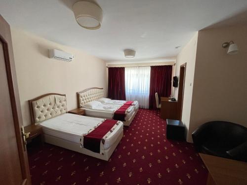 胡内多阿拉Hostel Paltinis的红地毯旅馆客房的两张床