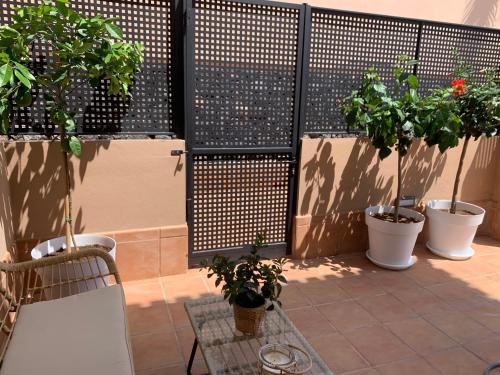 圣地亚哥港Villa View Candesol con Jacuzzi privado的一个带盆栽和围栏的庭院