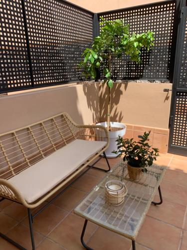 圣地亚哥港Villa View Candesol con Jacuzzi privado的阳台上的长凳、桌子和盆栽植物