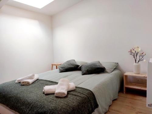 奥多斯Odos Tarbes Très beau T3 avec petite terrasse et pkg的一间卧室配有一张床,上面有两条毛巾
