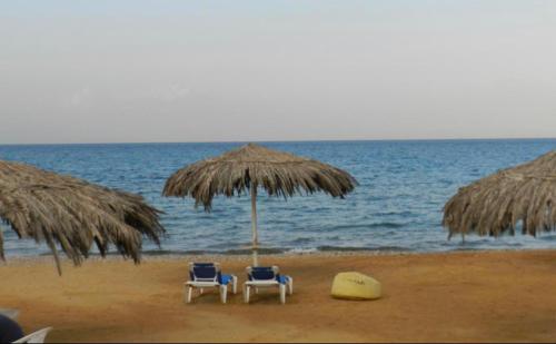 艾因苏赫纳Telal Ain Sokhna Villa的海滩上的两把椅子和一把遮阳伞