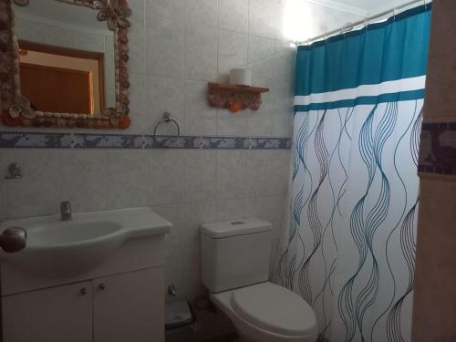 卡尔德拉Bahía Loreto的浴室配有水槽、卫生间和浴帘