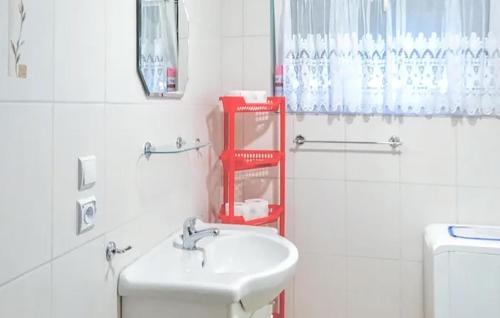 科帕利诺3 Bedroom Stunning Home In Kopalino的白色的浴室设有水槽和红色架子