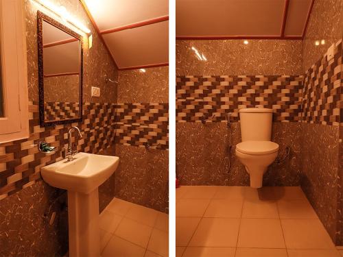 西姆拉Divine Hills Mashobra的浴室的两张照片,配有卫生间和水槽