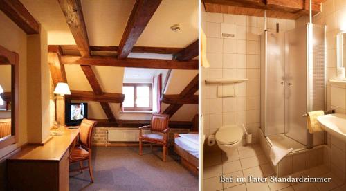 Irsee伊尔塞尔修道院啤酒厂酒店的一间带水槽的浴室和一间带淋浴的浴室