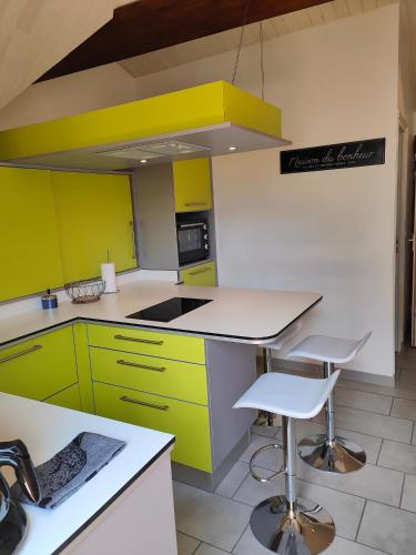 BoutxAppartement Boutx的厨房配有黄色和绿色的橱柜和柜台。