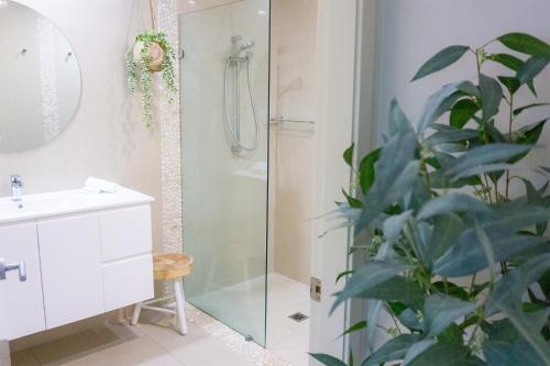 One MilePort Stephens Koala Sanctuary的带淋浴和植物的浴室