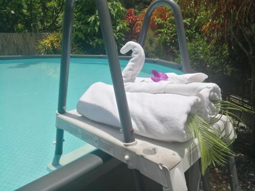 锡春Bed & Breakfast To-Co的游泳池旁的秋千配有毛巾和天鹅