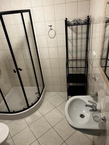 达布基Villa Marina的带淋浴和盥洗盆的白色浴室