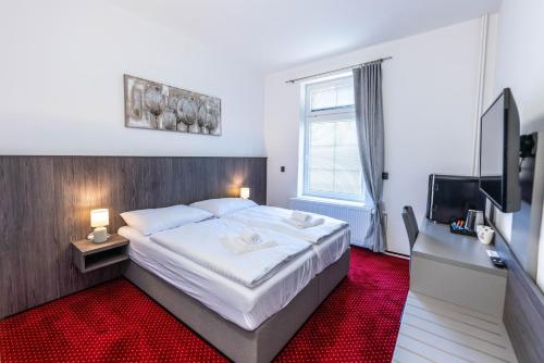 摩拉瓦特热博瓦Hotel Orka的一间卧室配有一张大床,铺有红地毯