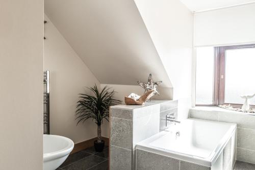 彼得黑德Seaview Hotel的白色的浴室设有水槽和卫生间。