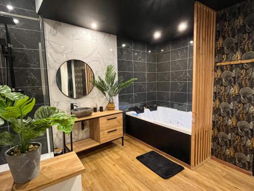 贝济耶Suite cocooning & spa的带浴缸、水槽和镜子的浴室