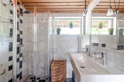 哈莱姆B&B De Ranck的一间带水槽和玻璃淋浴的浴室