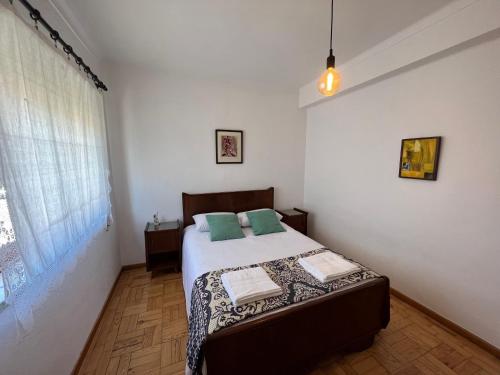 科英布拉Moradia com Alma Xico's House的一间卧室配有一张带绿色枕头的床。