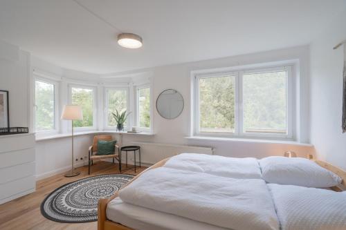 维尔德曼Villa Hoheneck的白色卧室设有大床和窗户