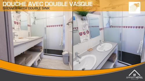 Les RosiersAppart'hôtel Les Prés Blondeau de 1 à 10 personnes的浴室设有2个水槽和带双水槽的淋浴。