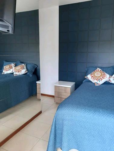 圣若阿金Apê aconchegante e quentinho em São Joaquim的一间蓝色卧室,配有两张床和电视