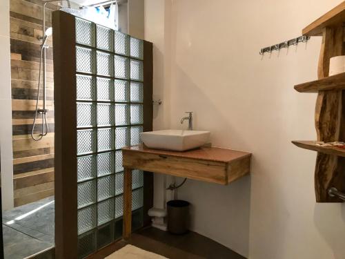 锡基霍尔E.I. SUITES的一间带水槽和玻璃淋浴间的浴室