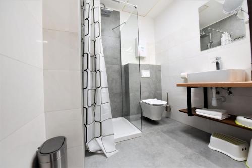 哈伊努夫卡Pensjonat Zuzanna的带淋浴、卫生间和盥洗盆的浴室