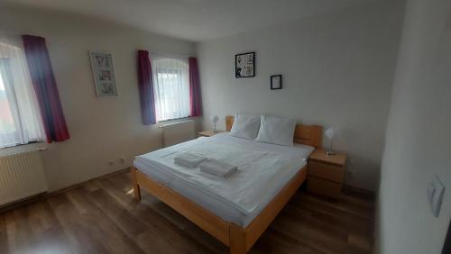 阿贝尔塔米Chata Zdeňka Abertamy的一间卧室配有一张带白色床单的床和两个窗户。