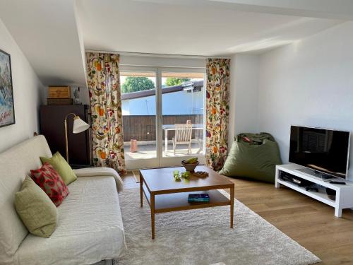 OberägeriBeautiful apartment with fantastic views的带沙发、电视和桌子的客厅