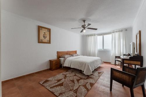 阿罗纳Los Cristianos Duplex的一间卧室配有一张床和吊扇